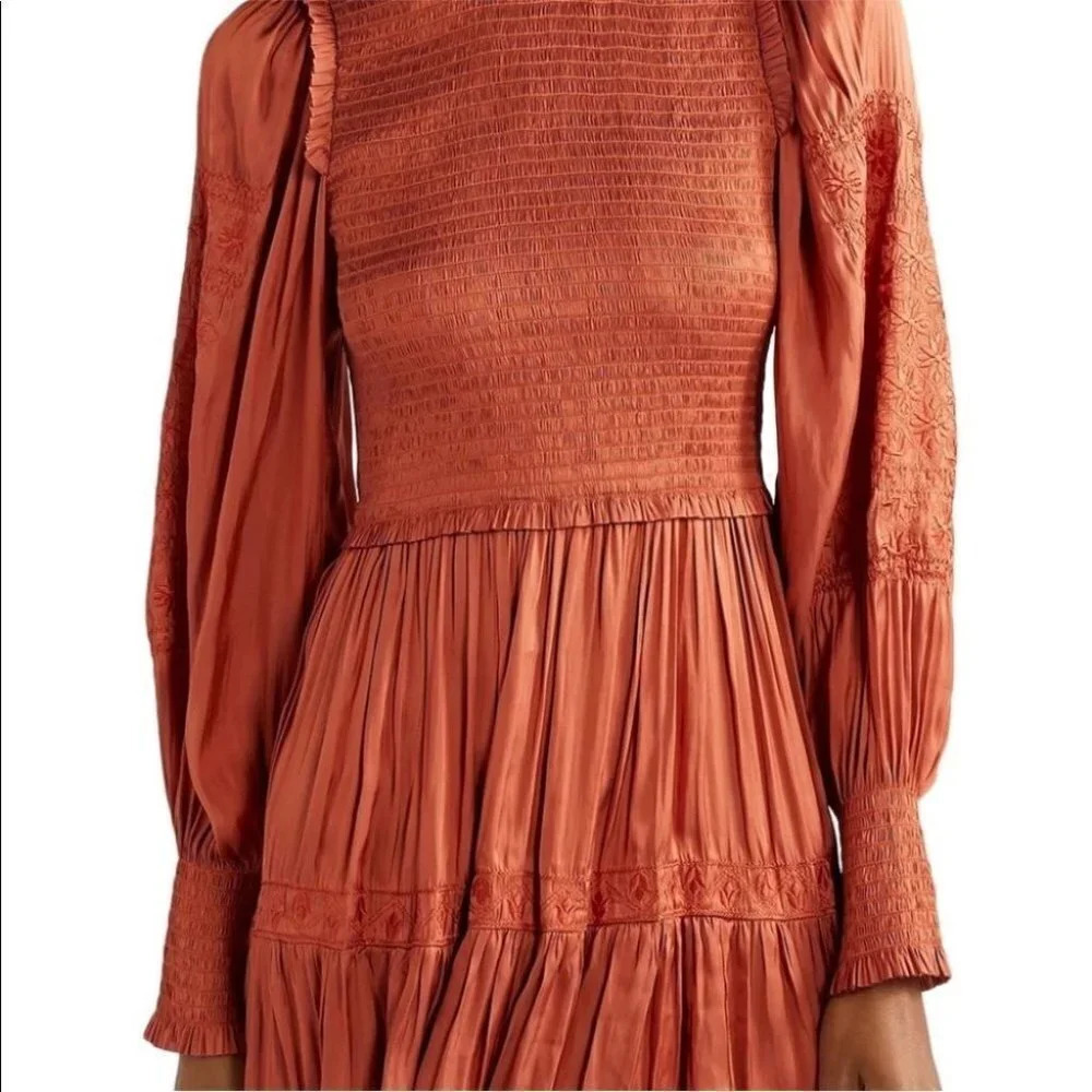 Ulla Johnson‎ Angelica Mini Dress Orange Rust 2 Smocked Embroidered Turtleneck - Picture 3 of 14